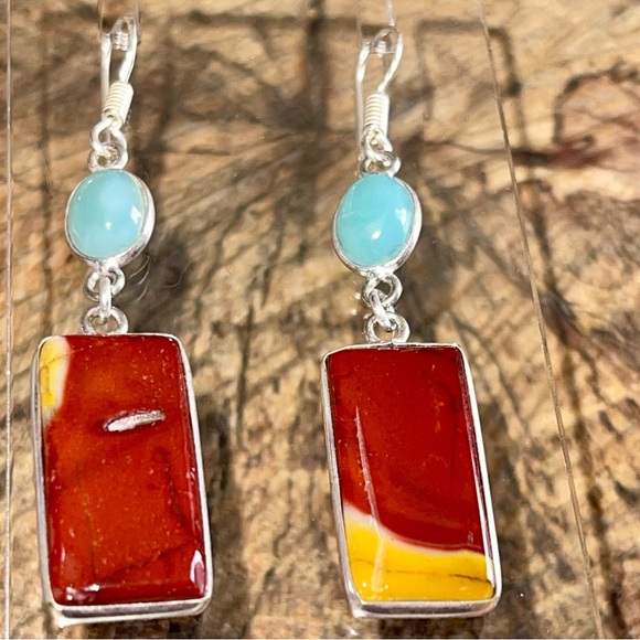 Mookaite & Caribbean Larimar Earrings 2 1/2” - Picture 2 of 10